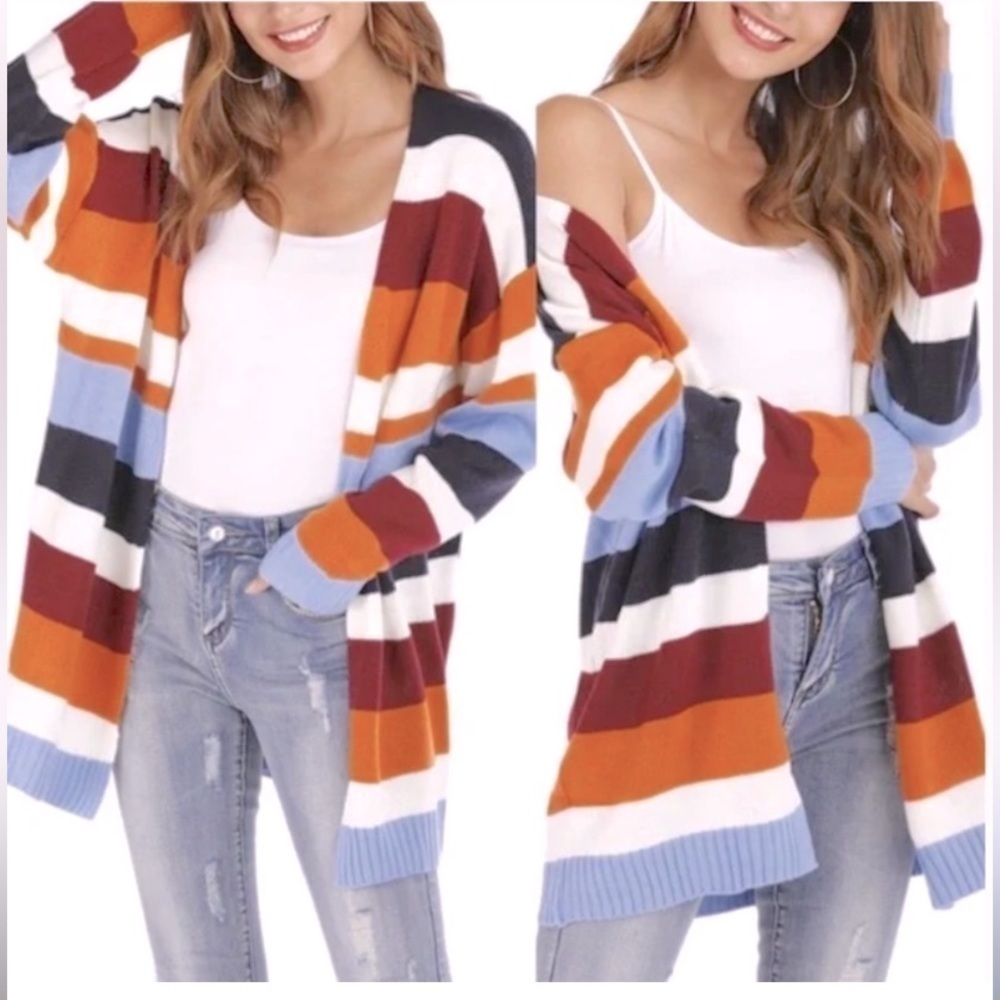 ECOWISH Color Block Stripe Brush Knit Open Cardigan Rainbow Orange Blue XL